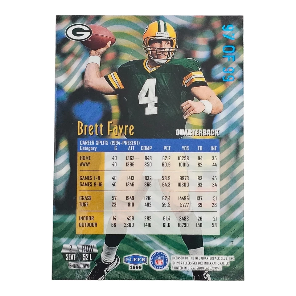 1999 Flair Showcase Passion Showdown Brett Favre LEGACY COLLECTION #'d /99 - Image 4 of 4