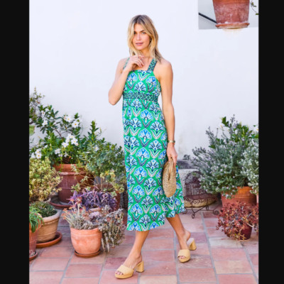 NWT Printfresh sundress, Size 1X, coastal dress geo floral pattern, green/blue