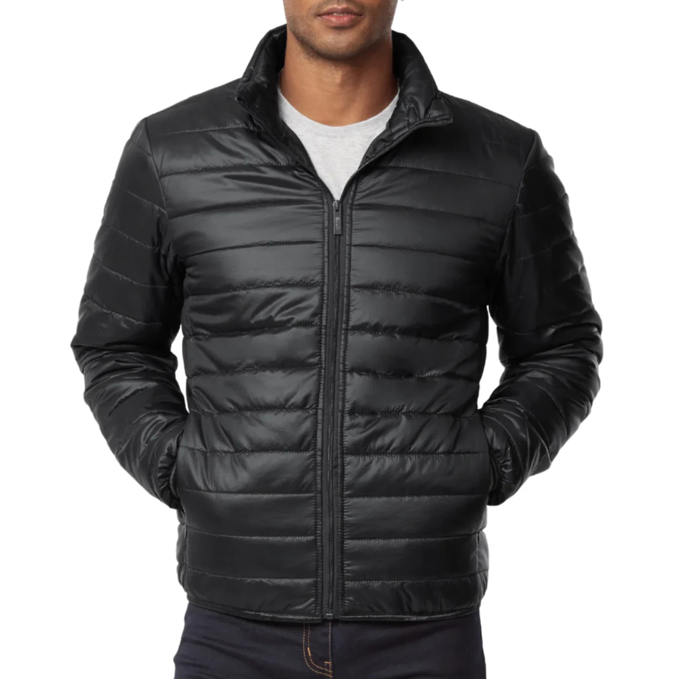 Men’s Down Puffer Jacket with Zipper Pockets Elastic Cuffs S-3XL Full Zip Up