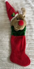 Vtg Christmas Stocking Reindeer/Moose 3D plush fuzzy red nose 32" Stocking Red