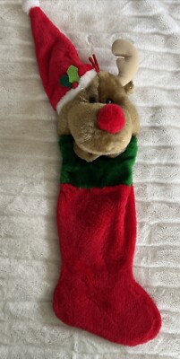 Vtg Christmas Stocking Reindeer/Moose 3D plush fuzzy red nose 32'' Stocking Red