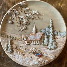 Vintage Byron Molds Winter Countryside Christmas Church Horses Scene Plate Decor