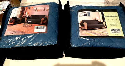 TWO (BLUE & GRAY) REVERSIBLE SOFA SLIP COVERS DYFUN NEW IN ORIGINAL BAGS