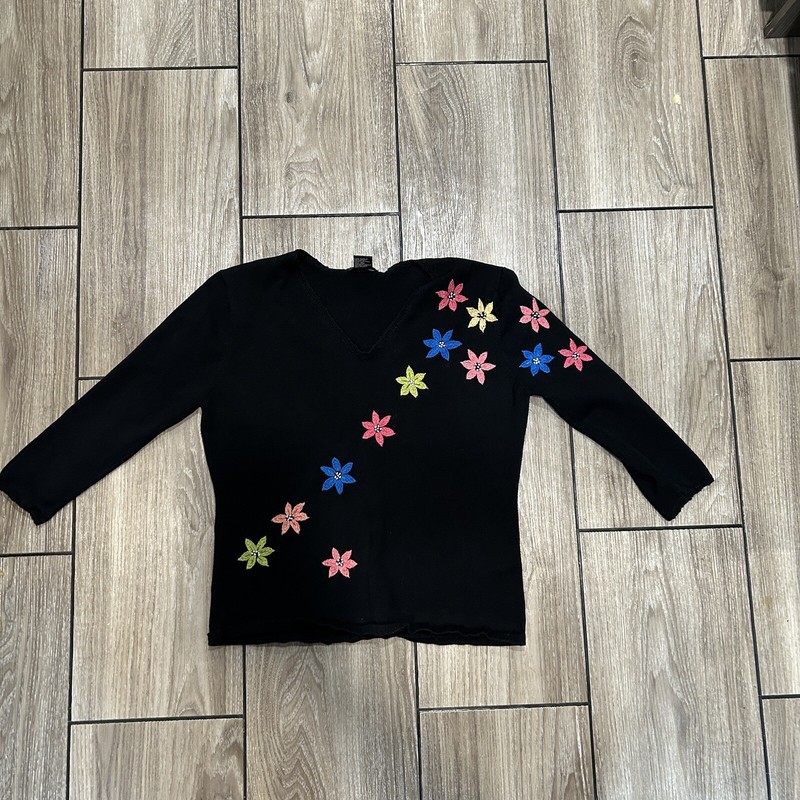 Karen Arnold Womens Top Large Long Sleeve Black Embroidered Silk Blend Floral