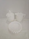 Vtg Fenton Hobnail Milk Glass Creamer,  Covered Sugar Bowl & Ashtray