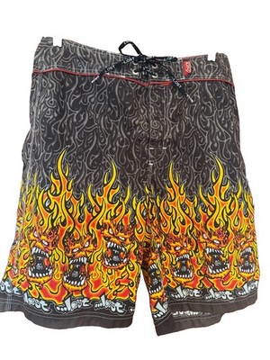 Men's Vintage Lost In Enterprises Boardshorts, Sz 31 Monster & Flame Print