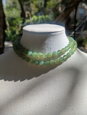 CHINESE ANTIQUE VINTAGE NATURAL Mottle Pale GREEN JADE BEAD NECKLACE 30'' 