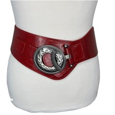 Extra Wide Leather Belt Red Waist Cinch V Taper S Small Silver Buckle Stretch