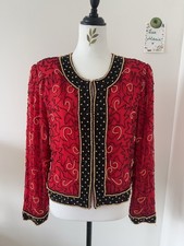 Vintage Lawrence Kazar Red Beaded Jacket Gold Embellished Evening Bolero XL