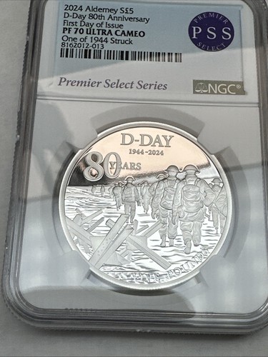 2024 Alderney £5 Silver D-Day 80th Anniv. NGC PF-70 UC FDOI 1 of 1944 Struck PSS - Picture 6 of 14