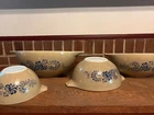 Vintage Pyrex Homestead Cinderella Mixing Bowl Set 441, 442, 443, 444 Tan Blue