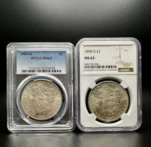 2 Morgan Silver $1 1884-O PCGS MS63 & 1898-O NGC MS63