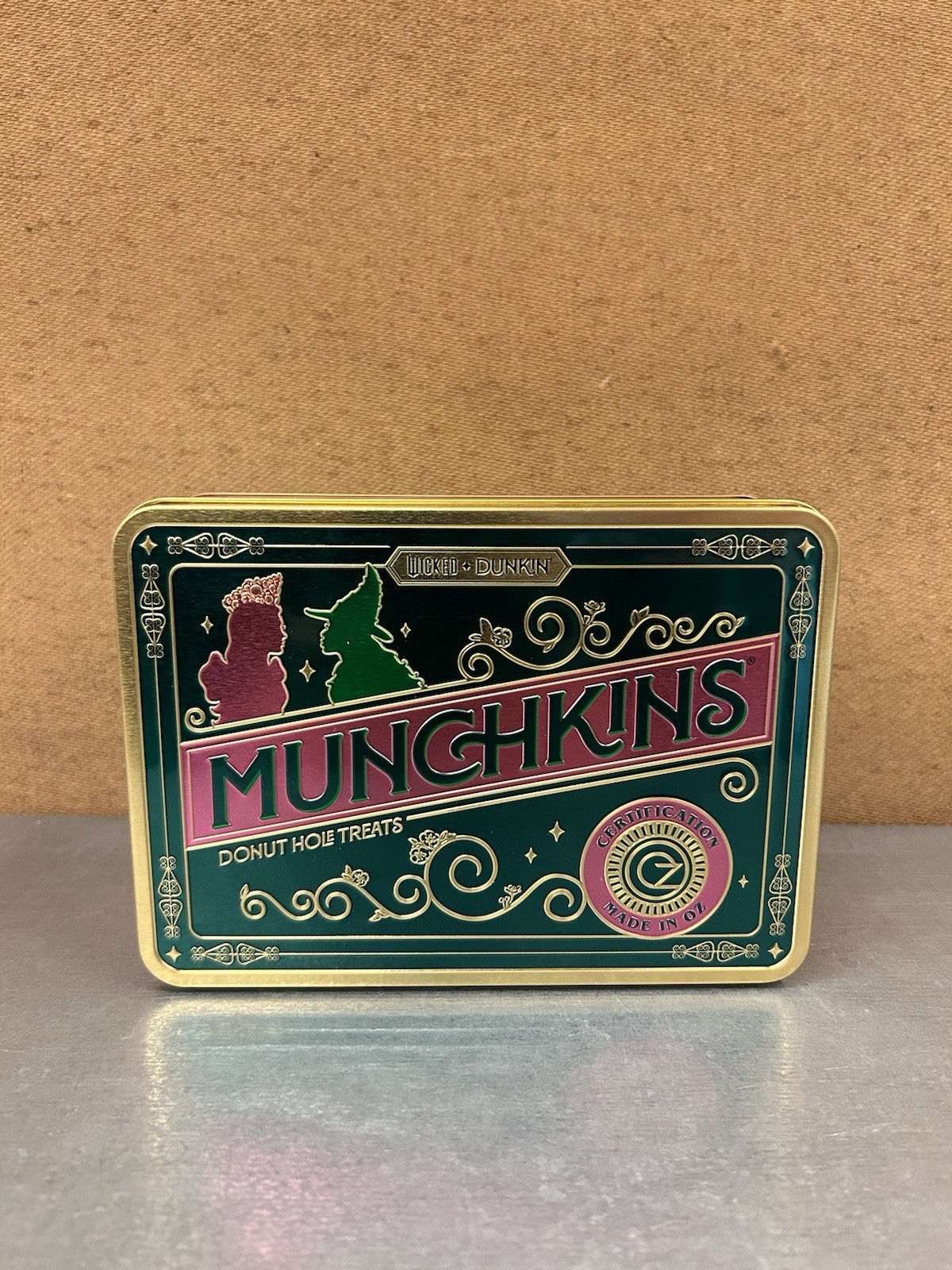 Rare Dunkin WICKED Munchkin Tin Glinda & Elphaba Pink & Green (Ships TODAY)