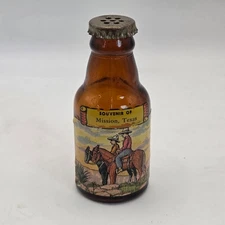 Vintage Mission Texas Souvenir Amber Glass Shaker Bottle Motel Buffalo Pat Pend