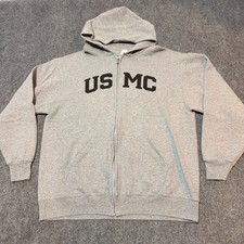USMC Sweatshirt Mens Large Grey Hooded Full Zip Pockets Marine Corps Made USA