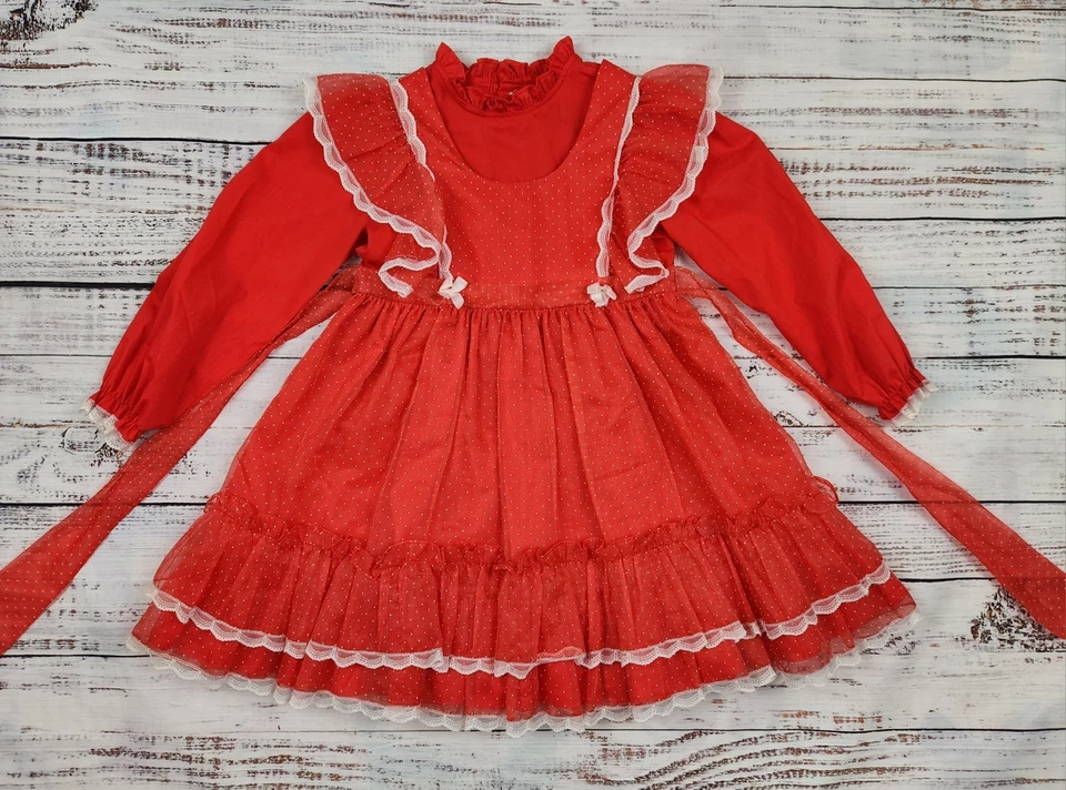 Vestido Delantal Rojo Bryan Años 80 Vintage 6X - Falda con Volantes Superposición de Encaje Foto 2 de 4