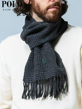 NWT Polo Ralph Lauren Mens Gray Pony Logo Reversable Lambswool Plaid Scarf OS