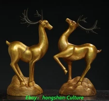 13.3'' Old Ming Dynasty Purple Bronze Gold Sika Spotted Deer Animal Statue Pair