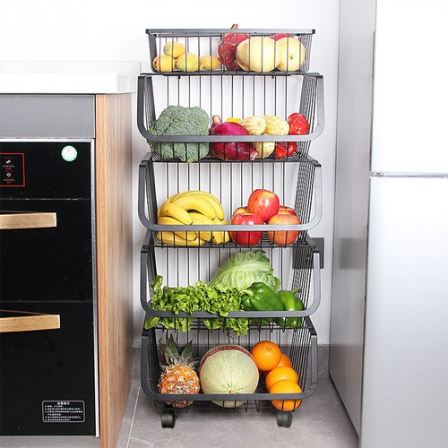 STORAGE STACKING WIRE BASKET STACKABLE SHELVES VEGETABLE FOOD KITCHEN RACK WHEEL - Picture 33 of 43