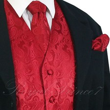 Red XS to 6XL Paisley Tuxedo Suit Dress Vest Waistcoat  Neck tie Hanky 20-CC