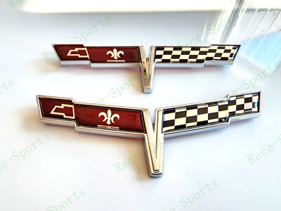 2PC Chrome FRONT NOSE Rear Gas Lid Crossed Flag Emblem Badge 1981 C3 Corvette