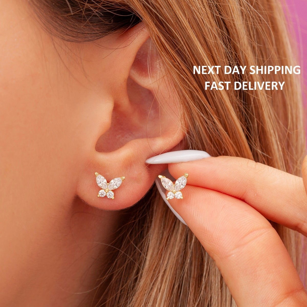 Sparkling Butterfly Stud Earrings 925 Sterling Silver with Cubic