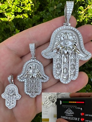 Real 925 Sterling Silver Hamsa Evil Eye Hand Iced MOISSANITE Pendant - 3 Sizes