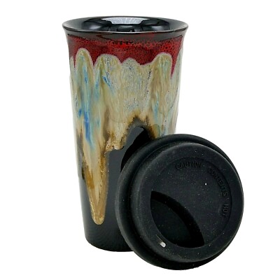 Double Walled Tall Travel Mug Silicone Sip Lid 15 oz Black Red Cream Pottery  7" | eBay