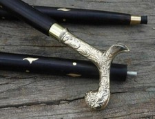 Vintage Victorian Walking Stick Brass Designer Engraved Handle Wooden Cane