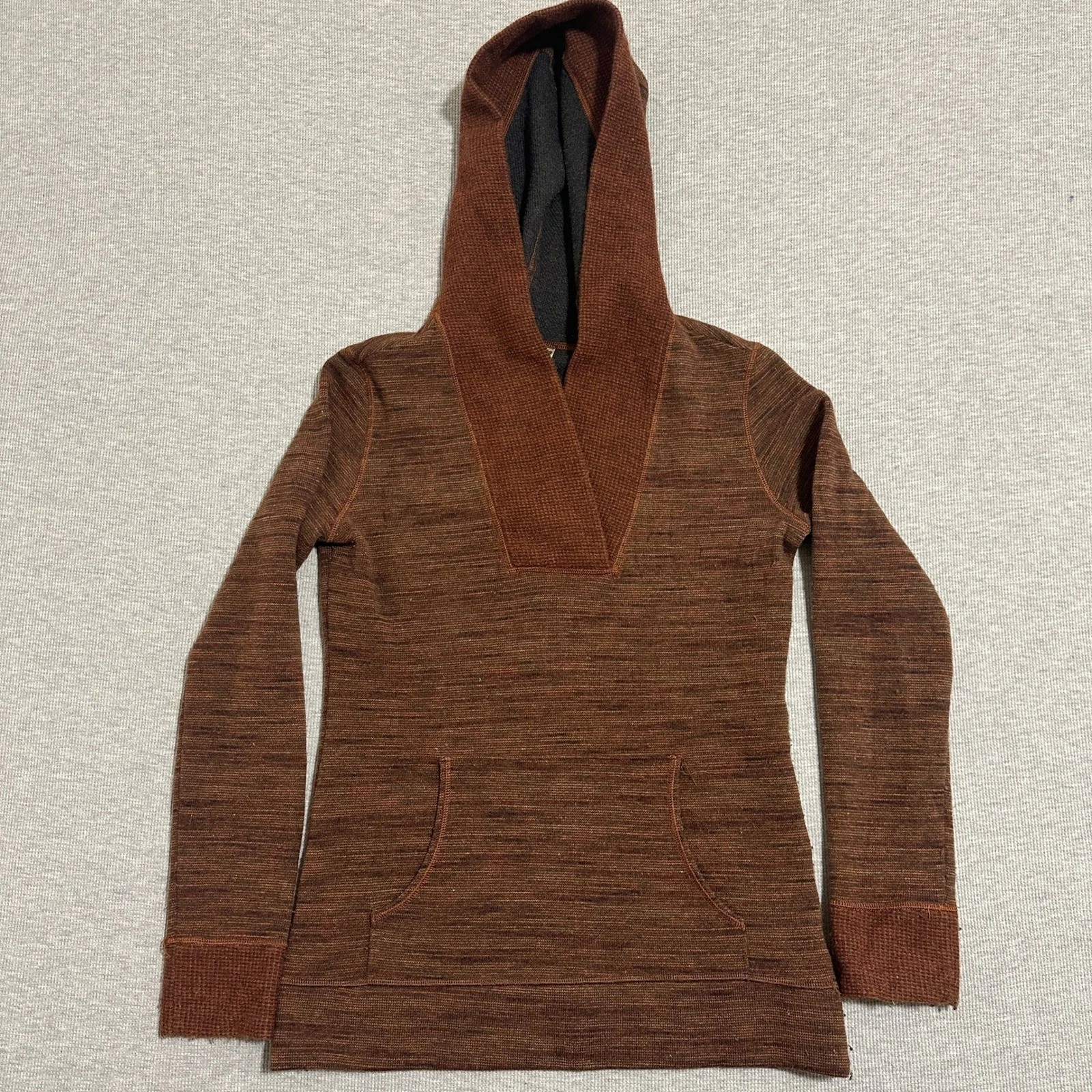KUHL Womens Brown Heather Waffle Knit Pullover Hoodie V-Neck Small