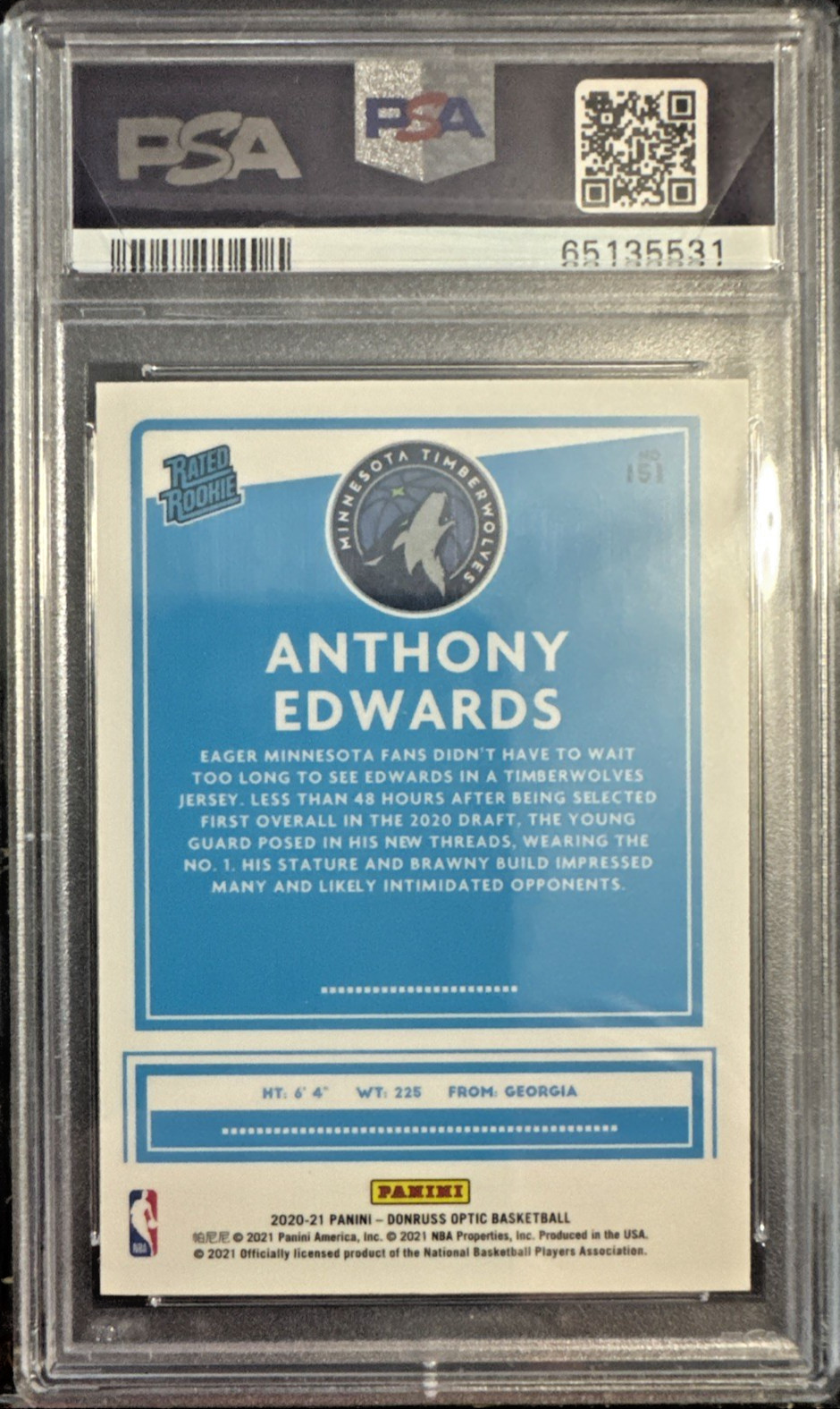 2020-21 Donruss Optic 151 Anthony Edwards RC RR PSA Gem Mt 10 Timberwolves view 2