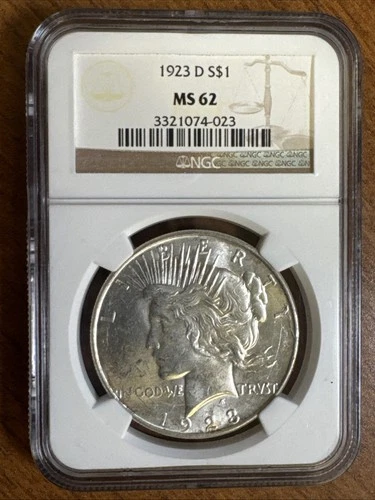 1923-D $1 Peace Silver Dollar NGC MS62 BU Brilliant Uncirculated