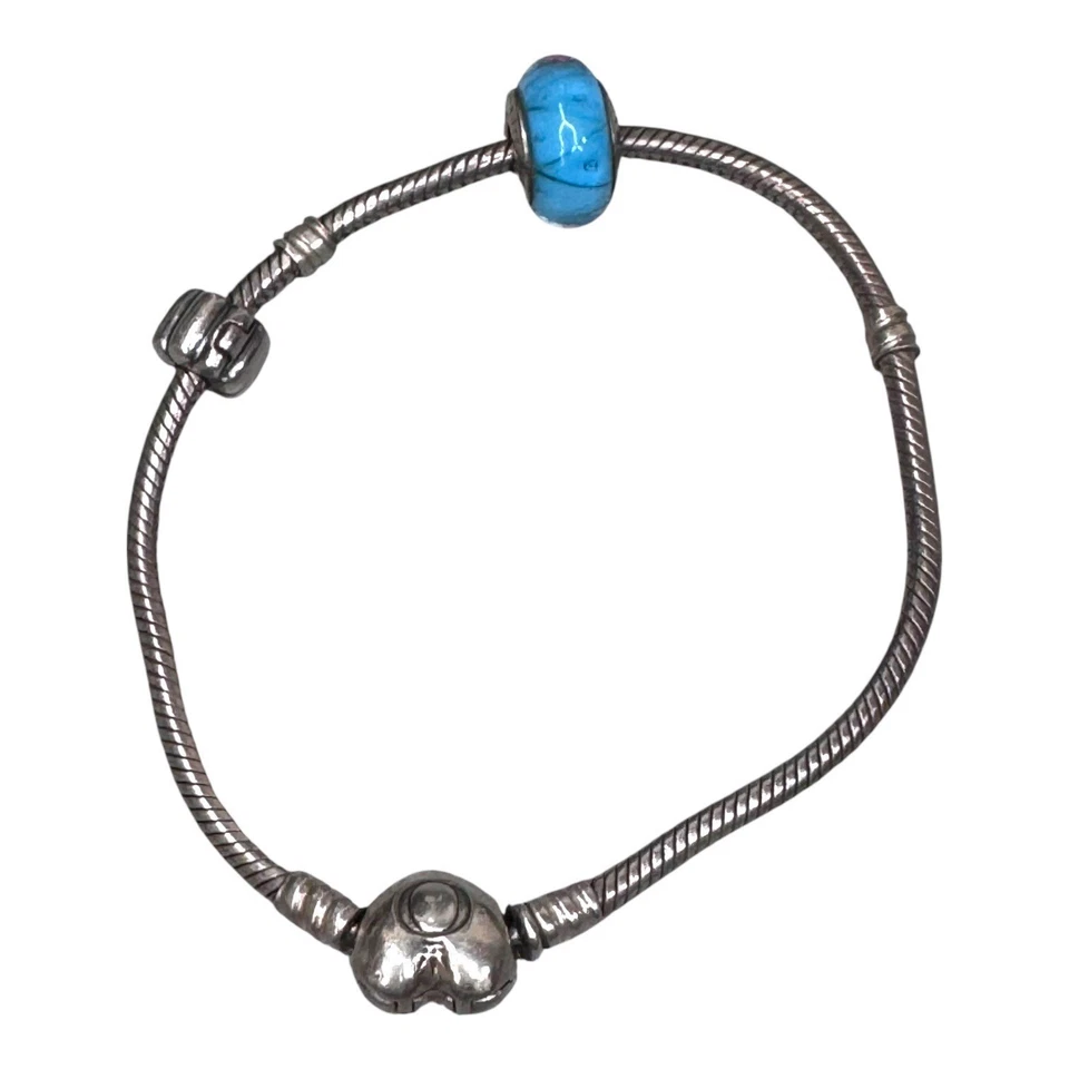 Pandora Silver Heart Snake Sterling Charm Bracelet Blue Glass Bead Accent Vtg - Image 3 of 4