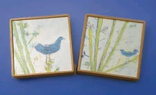 Lot of (2) Small Blue Bird Art Pictures Homemade Framed Wood Panels Cute Rustic