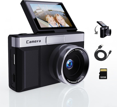 Black Digital Camera with 2'' Flip Screen for Selfie, 1080P Point and Shoot Digit