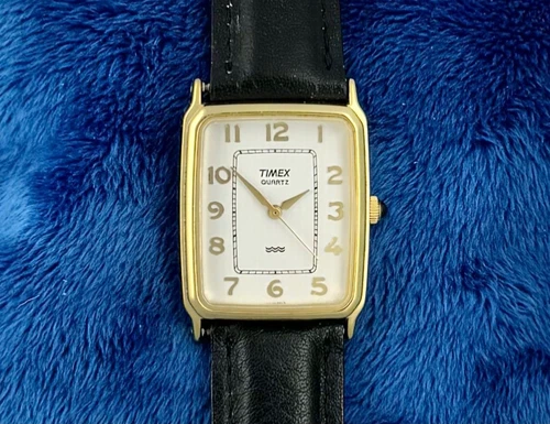 Neo-Vintage Timex Quartz Gold Tone/Black Leather Men's Tanks Watch 26x29mm