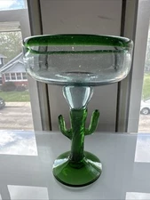 Hand Blown Glass Cactus Margarita / Martini Glass 7"