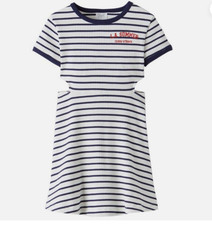 Zara Girls Striped Navy  White Dress Short Sleeve Open Waist Ribbed Knit Sz. 9