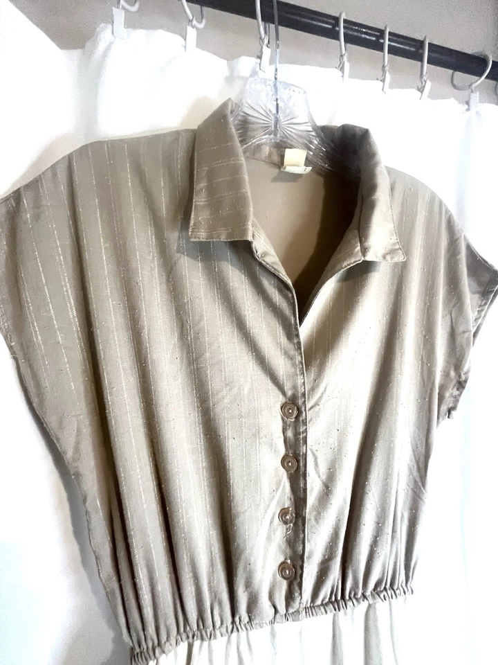 Винтажное женское бежевое и кремовое льняное платье Union Made размер 14 - Изображение 3 из 4