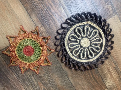 2 Vintage Wicker Straw Hot Pad Trivets Woven Rattan Raffia Boho Colorful