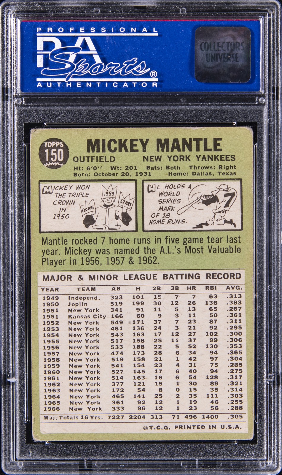 1967 TOPPS #150 MICKEY MANTLE PSA 2 view 2