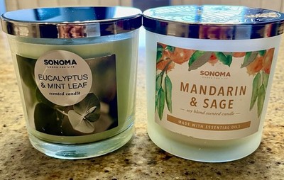 2 NEW Sonoma 3-Wick Glass Jar Candles Eucalyptus Mint & Mandarin Sage 13oz -14oz