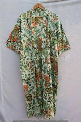 Indian Butterfly Floral print 100% cotton White gown beach Robe kimono Dress