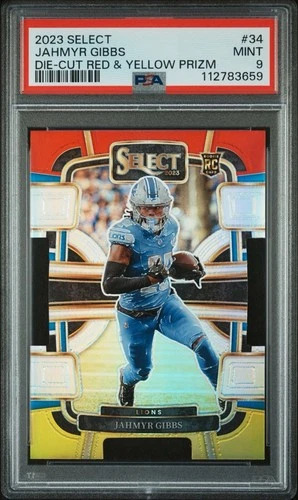2023 Panini Select Jahmyr Gibbs #34 PSA 9 Red & Yellow Prizm Die-Cut (RC)