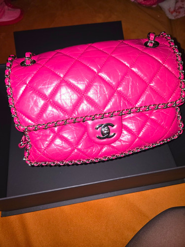 CHANEL Classic Chain Flap Medium Pink Quilted Leather Bag Silver Box