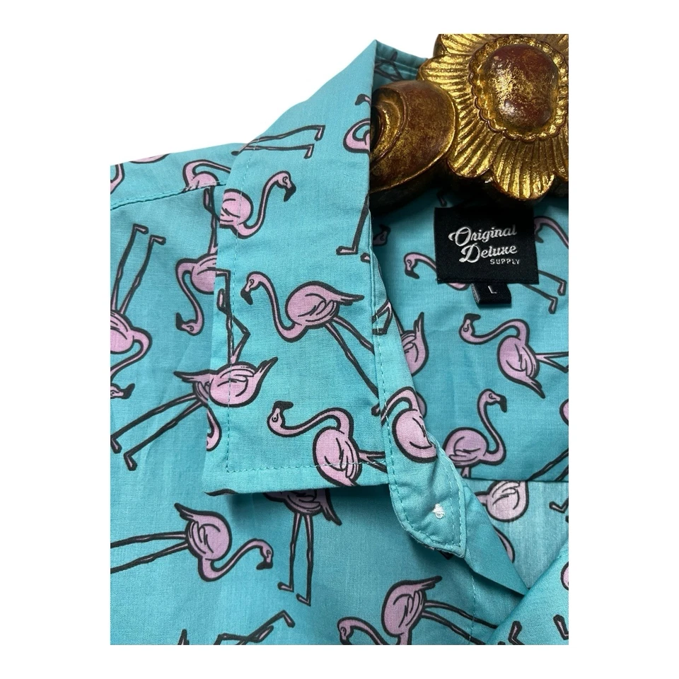 Original Deluxe Supply Blue Flamingos Cabana Resortwear Retro Shirt Mens Large - Image 4 of 4