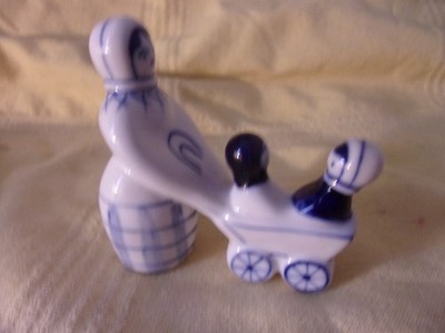 Handpainted USSR Gzhel Blue White Porcelain Woman with Babies in Pram Carriage