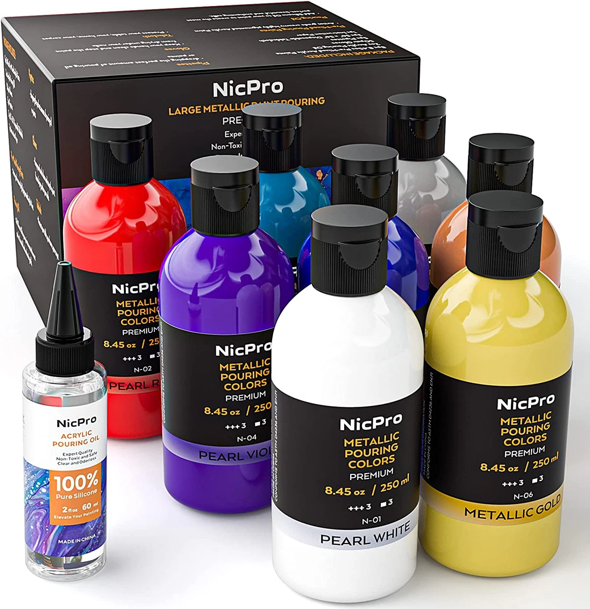 8 Colors 8.45Oz Metallic Acrylic Pour Paint Supplies Kit, Large Volume  Premixed