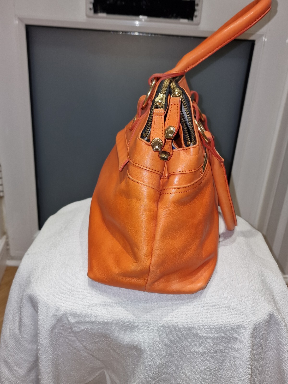 MODALU Pippa Orange Leather Satchel Hand Shoulder bag with outer pockets eBay