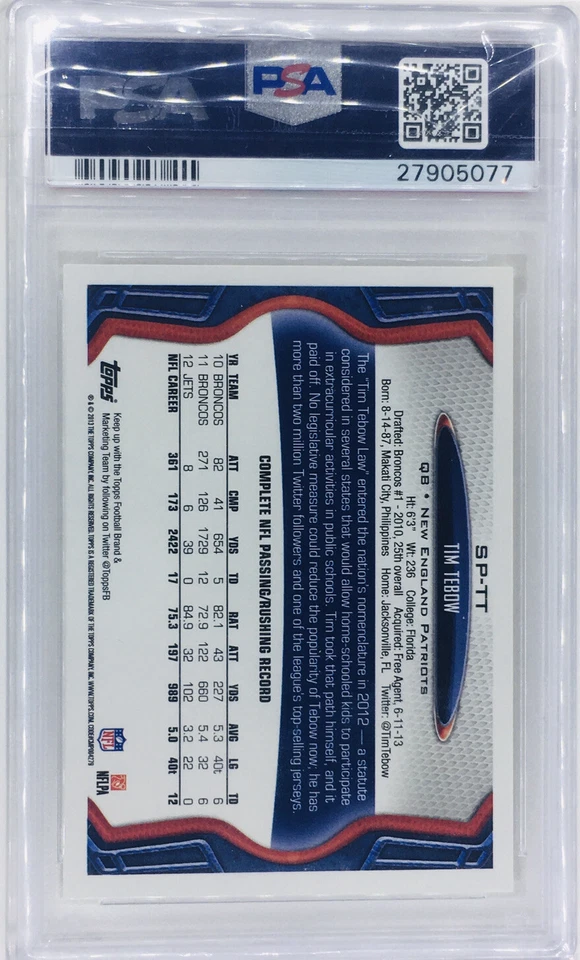 2013 Topps SP Tim Tebow w/  Tom Brady PSA 10 SSSP Insert Tebow PSA 10 Gem Mint - Image 4 of 4